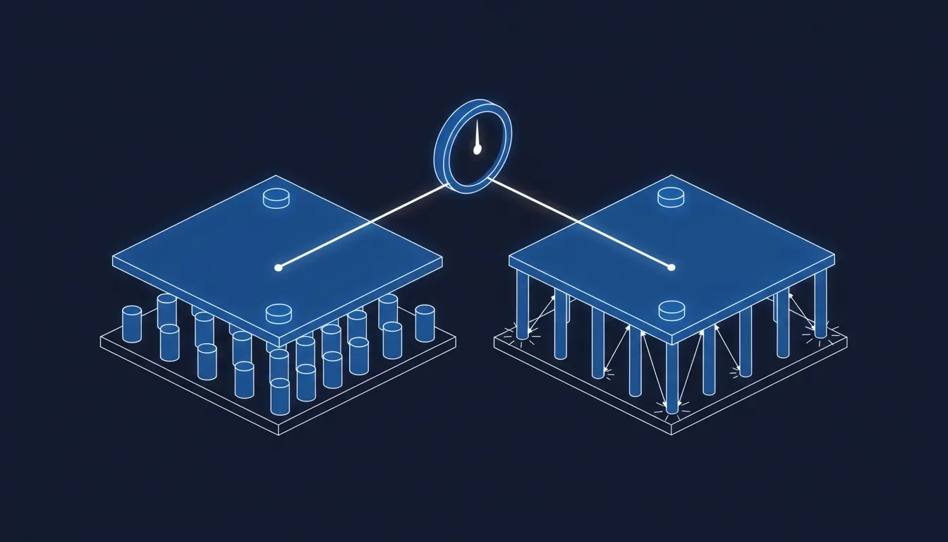 The same structural load carried two ways. On the left, a platform rests on a dense field of short, thick, evenly seated columns, each one bearing a small share and the whole assembly sitting square. On the right, an identical platform at an identical height is held up by a sparse row of tall, thin, visibly strained supports, several already bowing under the weight. Viewed from directly above, as the single indicator dial beside them views it, the two platforms are at exactly the same level and read as equal. The difference only appears in profile, and only matters when something is added on top.