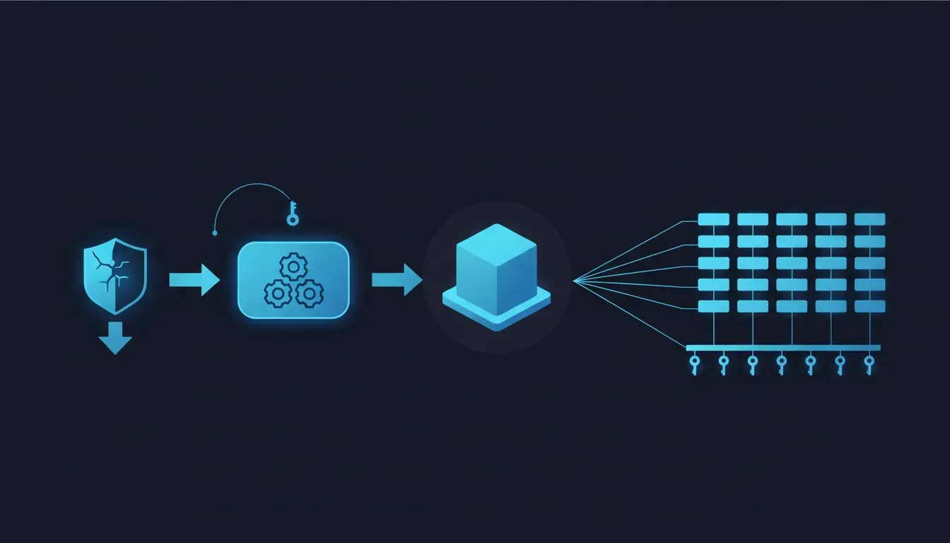 The chain in one picture: the compromise enters through the scanner that was supposed to catch it, travels through the build that trusted the scanner, and leaves as a signed release that thousands of downstream pipelines install without hesitation.