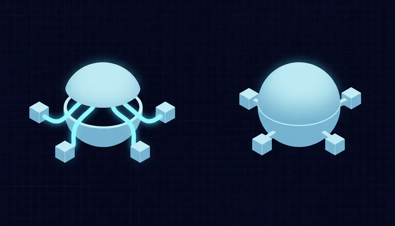 The distinction Google priced. On the left, sources drawn into the answer while it is still being assembled — they are inside the shape, load-bearing, and what comes out is partly made of them. On the right, the answer is already complete and sealed before anything is attached to its outer face. From the front, both arrangements present the same thing: a finished answer with links under it. Only one of them contains you.