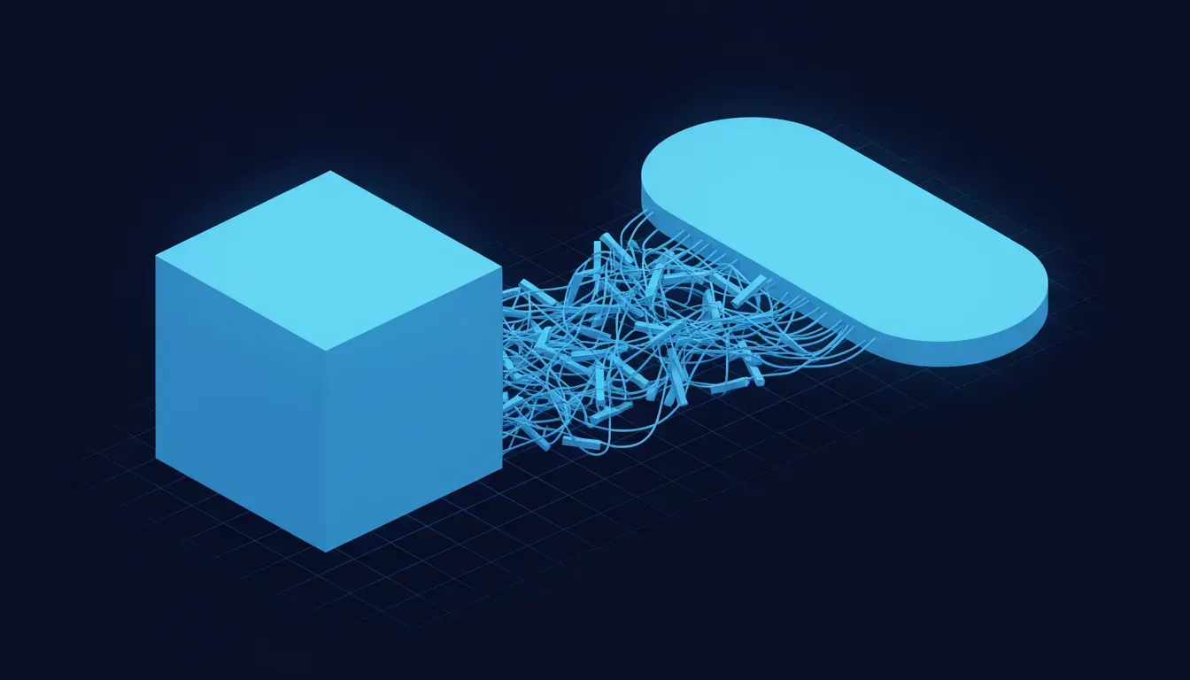 Where the announcement says the gap is. On the left, the model — a capability that is already bought, already available, and identical for every company that buys it. On the right, a working process. The distance between them is not filled with more capability. It is filled with knowledge of one specific business: which system holds the authoritative number, which rule has an exception, who overrides it and when. That layer is not in the model, cannot be shipped in the model, and is what 1,000 people are being hired to reconstruct one company at a time.