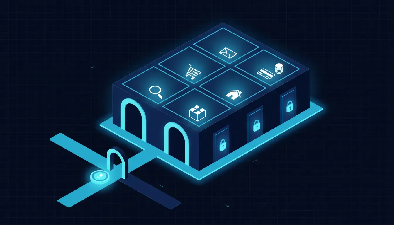 The tiered model in one picture. Inside the account, the low-risk rooms (browsing, cart, order status, reorder) stay open to a delegated agent. The high-risk doors (email, password, address, payment, stored balances) require the customer to step back in, whoever signed in. Identified agents get the smoother corridor; anonymous ones get more checks.